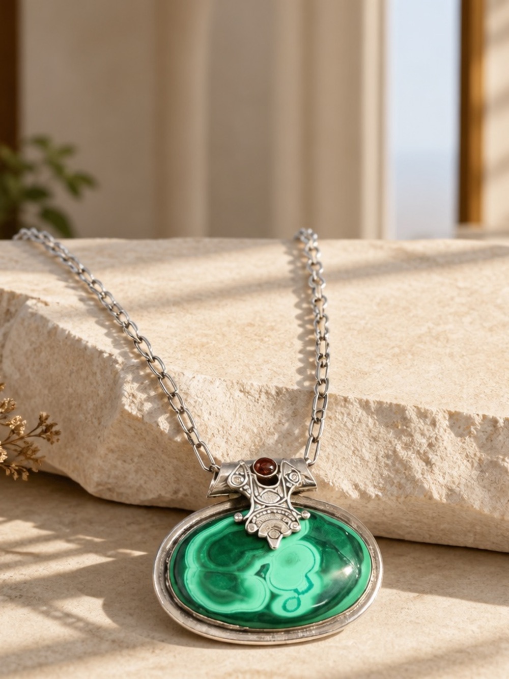 Silver sterling with Green Malachite Pendant Necklace with Accent Garnet